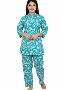 Teal Floral Print Cotton Kurta Set