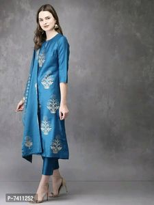 Stylish Blue Foil Print Kurta With Pant&amp; Dupatta