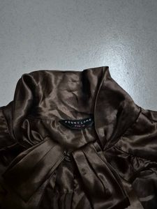 Elegant Brown Satin Bow Blouse