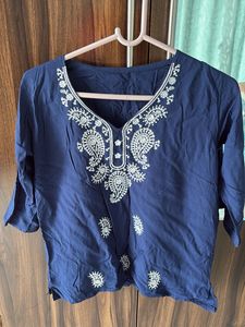 Embroidered Navy Blue Kurta Top