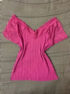 Fuchsia Lace Trim Ribbed Top