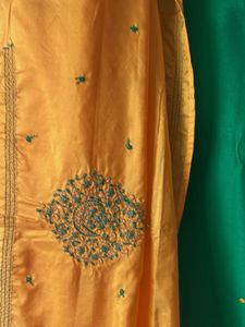 Vibrant Green &amp; Yellow Embroidered Saree