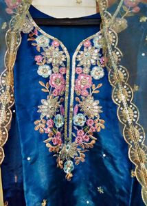 Embroidered blueish- green kurta with plazo and d