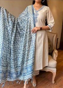 Elegant Cream Kurta Set with Blue Dupatta