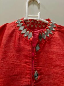 orange Ethnic Kurta with Embellished Neckline