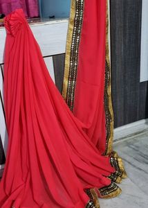 Red And Gold Toned Sequence Embroidered Saree