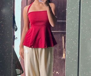 Brown and Red Halter Neck Peplum Top