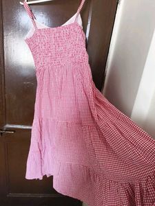 Cute Pink Gingham Tiered Midi Dress