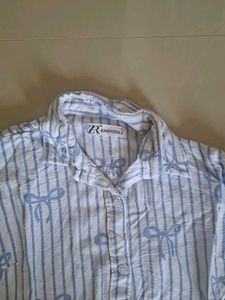 Denim Skirt and Bow Print Shirt Set