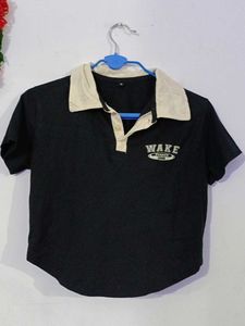 Black Graphic Crop Polo Shirt