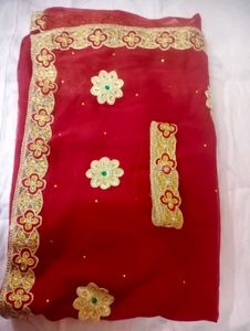 Red Saree with Golden Border