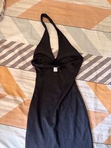 Black Ribbed Halterneck Mini Dress
