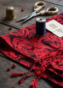New Red Rose Print Shawl with Tassels