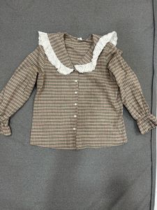Brown Plaid Button-Up Top with Lace Collar
