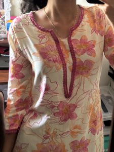 White Floral Printed Kurti for Women | Pink &amp; Oran