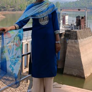 Blue Kurta Set with Floral Dupatta