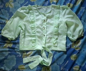 Cute Korean Pastel Green Tie-Front Ruffle Crop Top
