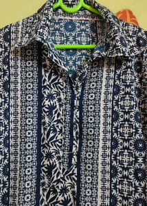 Women Blue Tribal Printed Collared Kurti