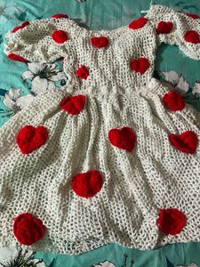 White Crochet Dress with Red Hearts