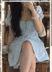 Light Blue Puff Sleeve Mini Dress