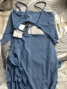 Blue Ruched Tie Front Dress