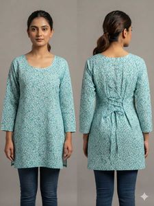 Teal Printed Cotton Kurta with Back Tie-Up
