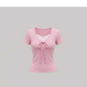 Cute Pink Lace Trim Tie-Front Top