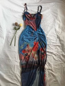 Mesh Ruched Cowl Bodycon Maxi Dress