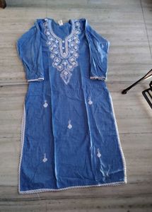 Blue Embroidered Cotton Kurta