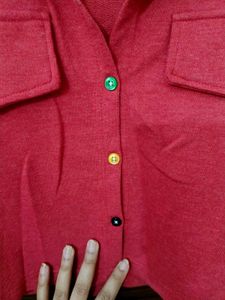 Vibrant Red Cropped Button-Up Shirt