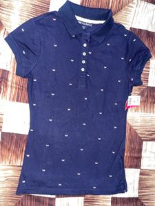 Navy Blue Polo Shirt with White Butterfly Print