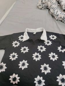 Black Floral Print Collared Top