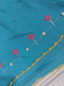Y2K Aqua Blue Halter Top with Floral Embroidery
