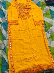 Yellow Embroidered Kurta with Mirror Work