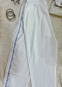 White Palazzo Pants with Blue Embroidery