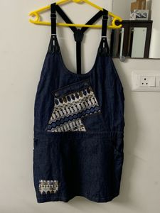 Denim Pinafore Dress with Bohemian Print
