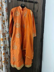 Orange Embroidered Kurta With Skirt