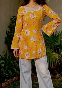 Yellow Floral Print Kurta with Bell Sleeves