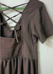 Elegant Brown Maxi Dress with Lace-Up Detail