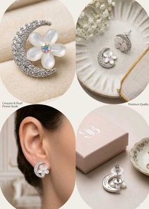 Crescent Moon &amp; Flower Stud Earrings