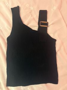 Ribbed Black Tank Top with Buckle Detail