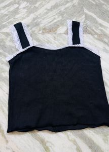 Black Ribbed Tank Top with Lace Trim