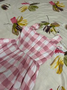Pink Gingham Square Neck Dress