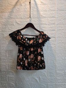 Off-Shoulder Floral Print Top with Lace Trim