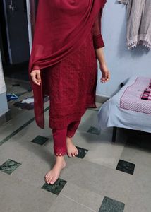 Maroon Chikankari Kurta Set pant duptta