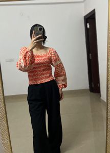 Orange Floral Smocked Crop Top w puff sleeves