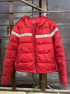 Red Guess Puffer Jacket with Logo Tape
