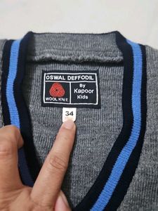 Grey V-Neck Sweater with Blue Stripes