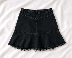 Black Denim Flounce Skirt with Frayed Hem