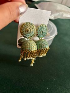 Set of 2 - Vintage Style Teal & White Jhumka Earri